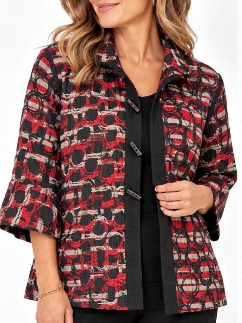 Ali Miles Petite Medium Red Black Abstract Jacquard Jacket PM